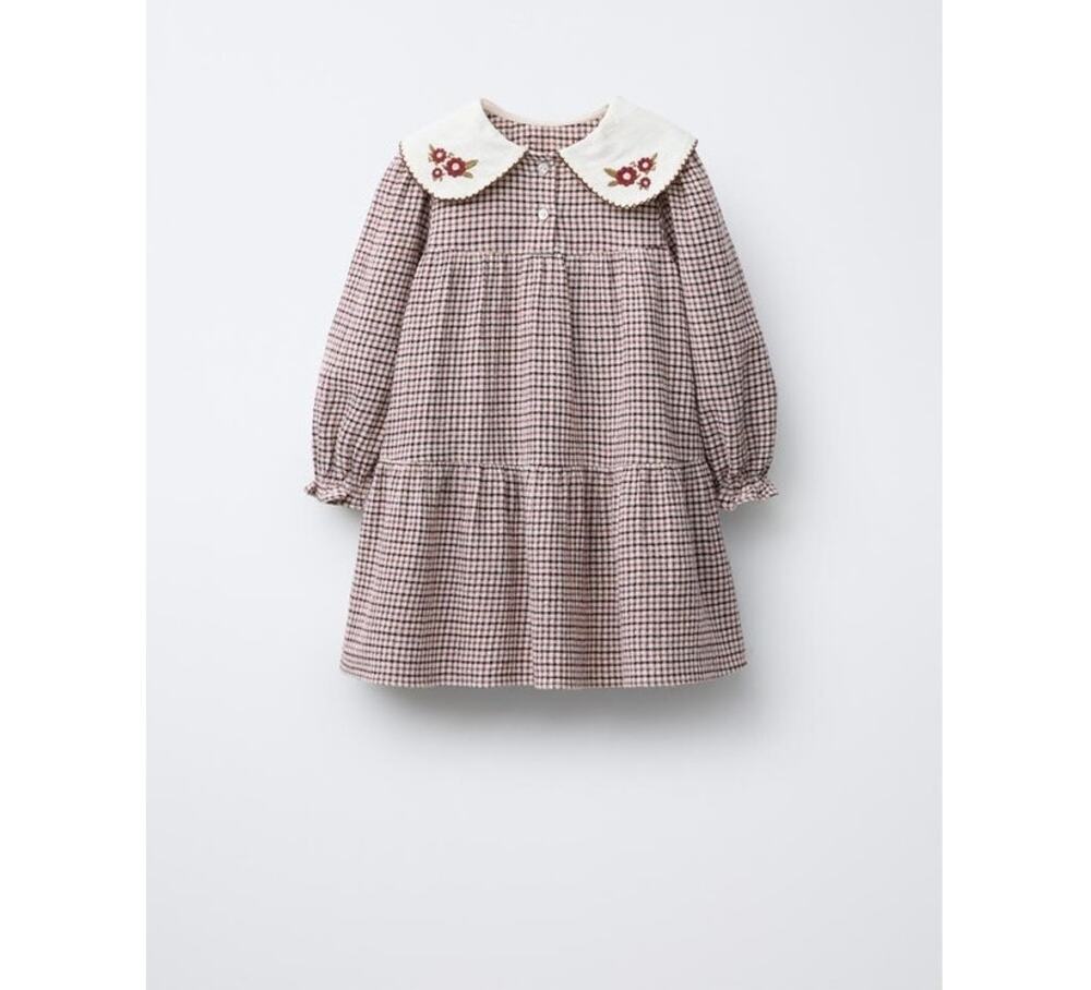 Zara Girls Check Textured Dress Embroidered Collar Cotton Blend size 2